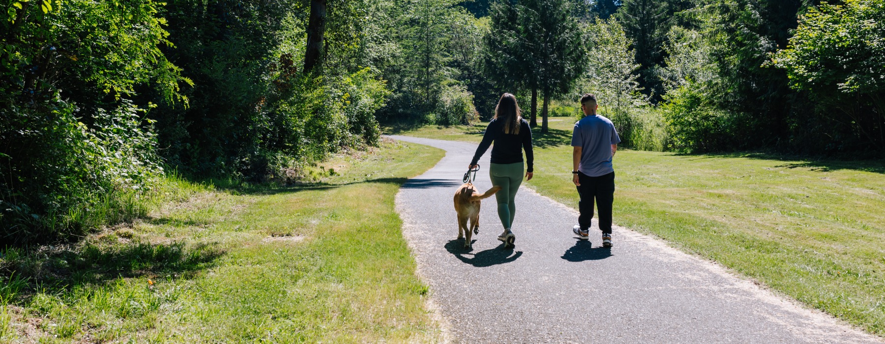 Two people and a dog walking on a path
