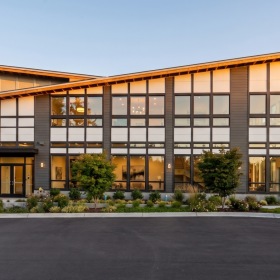 Exterior building from street during sunset