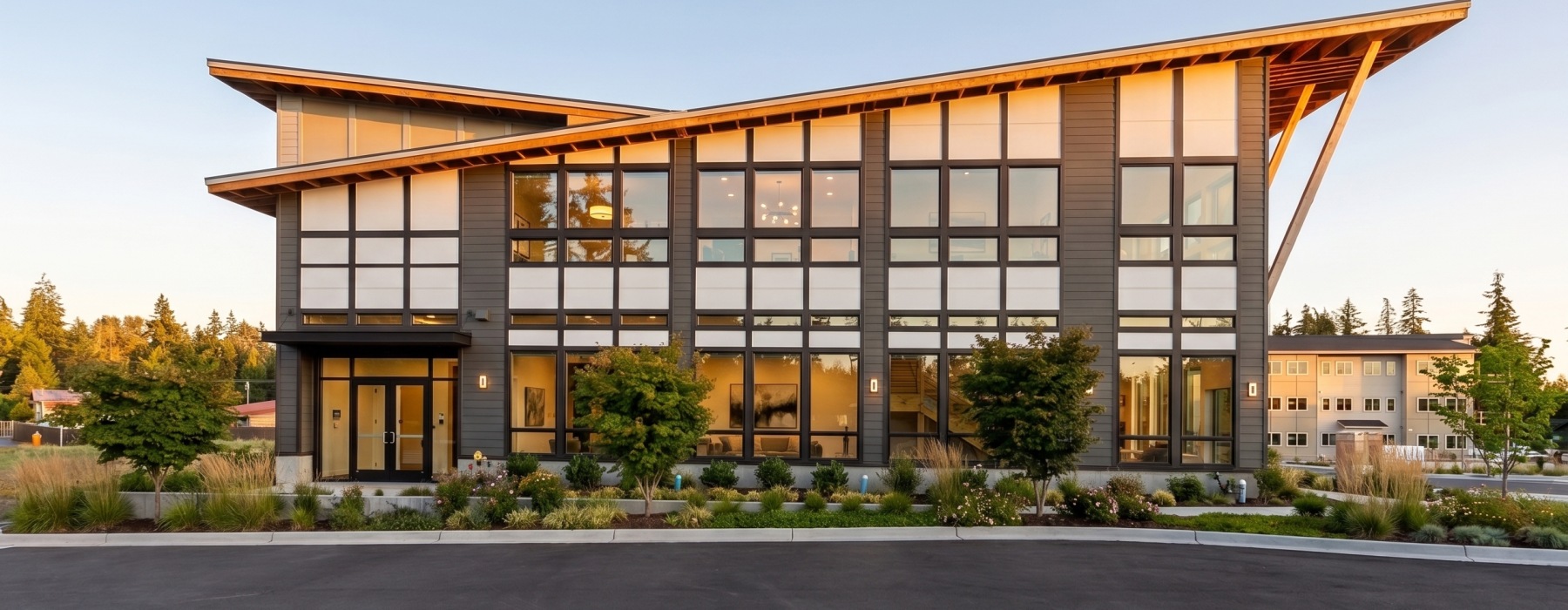 Exterior of building from street at sunset
