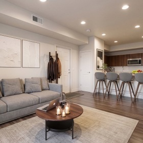 Living room with couch, coffee table, and kitchen in background